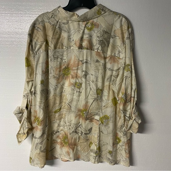 Talbots Shirt Women 20WP Beige Ruffle Button Front Cotton Floral Roll Tab Sleeve - Picture 7 of 9